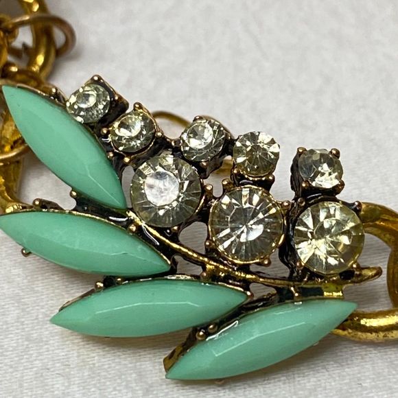 Chain Bracelet Mint Green Marquise Stone Clear Rhinestones In Gold Tone Links - Picture 5 of 10
